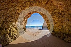 Famous caves in a beach rock formation in the Algarve, Portugal