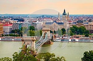 Famous Chain bridge and Saint Stephen Basilica in Budapest, Hungary