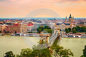 Famous Chain bridge and Saint Stephen Basilica in Budapest, Hungary