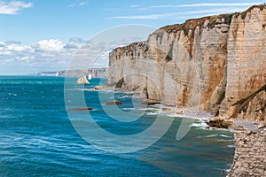 Famous chalk cliffs of the English Channel coast in Etretat, Normandy