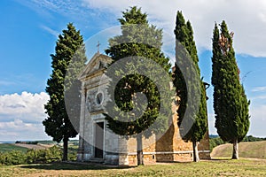 Famous chapel Cappella Madonna di Vitaleta near Pienza, Siena province, Tuscany