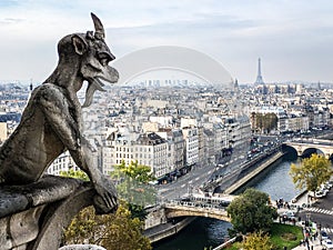 A famous chimera statue of Notre-Dame de Paris cathedral, gazing at the city from the towers gallery