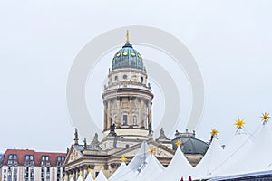 Famous Christmas Market on the Gendarmenmarkt with the Konzerthaus Berlin and the German Cathedral in Berlin, Germany