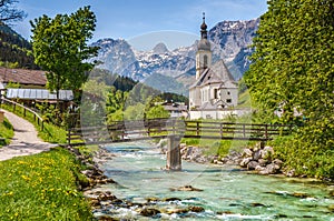 Famous church in the idyllic mountain village Ramsau, Bavaria, Germany