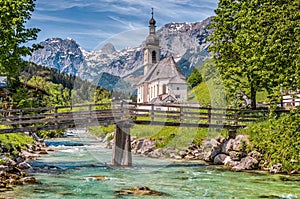 Famous church in the idyllic mountain village Ramsau, Bavaria, Germany