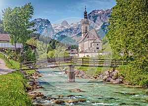 Famous church in the idyllic mountain village Ramsau, Bavaria, Germany