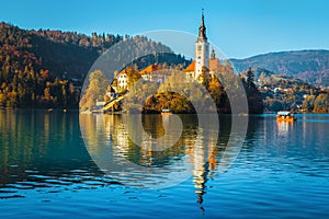 Famous church on the small island and lake Bled, Slovenia