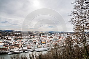 Famous city view of the three rivers city Passau with view of river Danube and Inn of the old town and the city hall and cathedral