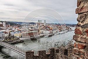 Famous city view of the three rivers city Passau with view of river Danube and Inn of the old town and the city hall and cathedral