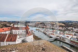 Famous city view of the three rivers city Passau with view of river Danube and Inn of the old town and the city hall and cathedral