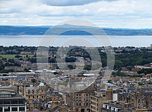 Famous cityscape landscape of european Edinburgh city and Leith River in Scotland, UK at summer day on August 2016