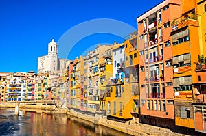 Famous colorful houses at river Onyar in Girona, Catalonia, Spain