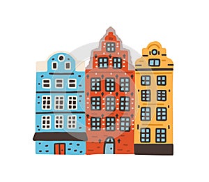 Famous colorful houses on Stortorget or Grand Square in Stockholm, Sweden. Notable Swedish building. Colored flat vector