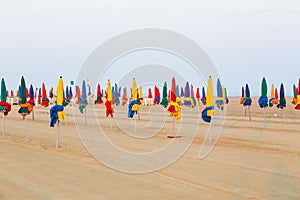 The famous colorful parasols on Deauville beach, Normandy, France