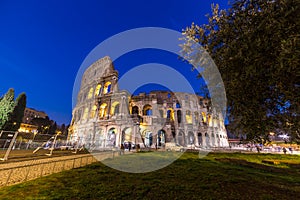 The famous Colosseum at night in Rome, Italy