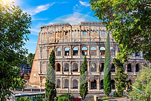 Famous Colosseum in Rome, close view from the park, Italy