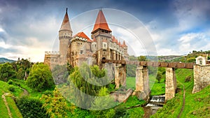 The famous corvin castle with cloudy sky,Hunedoara,Transylvania,Romania