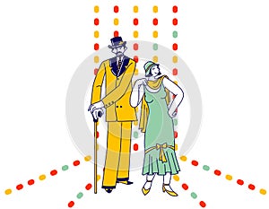 Famous Couple Elegant Man and Woman Wearing Dresses of Roaring 1920 Ages in Gatsby Style. Retro Party, Lifestyle