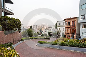 Famous Crookedest Lombard Street during fog, San Francisco