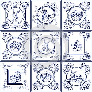 Famous delft blue tiles icons collection