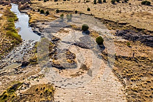 Dinosaur tracks of Comanche National Grassland.  La Junta, Colorado.  Aerial Drone Photo photo