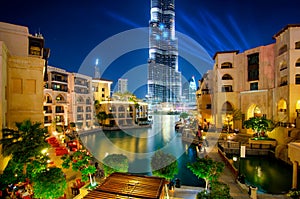 Famous downtown area in Dubai at night. United Arab Emirates.