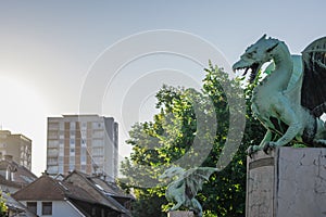 Famous dragon bridge or zmajski most, a landmark in ljublana, slovenia in early morning hours. Nobody around. Detail of dragon and
