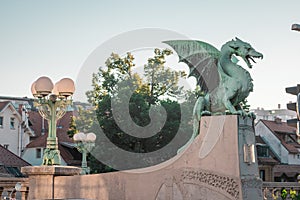 Famous dragon bridge or zmajski most, a landmark in ljublana, slovenia in early morning hours. Nobody around. Detail of dragon and