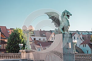 Famous dragon bridge or zmajski most, a landmark in ljublana, slovenia in early morning hours. Nobody around. Detail of dragon and