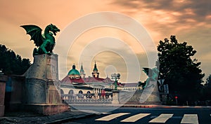 Famous Dragon bridge (Zmajski most), symbol of Ljubljana, capital of Slovenia