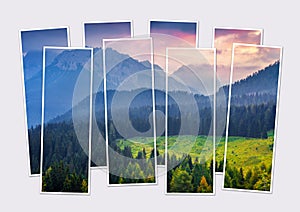 Isolated eight frames collage of picture of sunrise in Cresta di Enghe mountain range photo