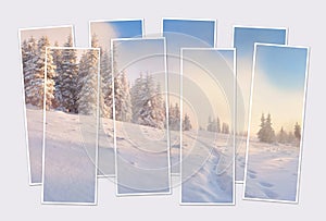 Isolated eight frames collage of picture of winter view of mountain walley. photo