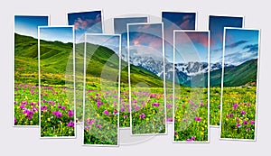 Isolated ten frames collage of picture of alpine meadows in Caucasus mountains.