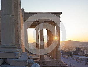 Famous Erechtheon ancient building in Acropolis in Athens