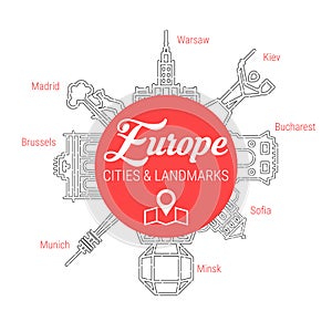 Famous European Landmarks. Line Vector Icon Set