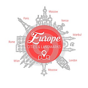 Famous European Landmarks. Line Vector Icon Set