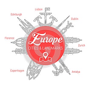 Famous European Landmarks. Line Vector Icon Set