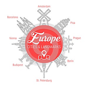 Famous European Landmarks. Line Vector Icon Set