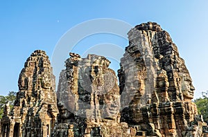 Famous faces of Bayon, the most notable temple at Angkor Thom, Cambodia