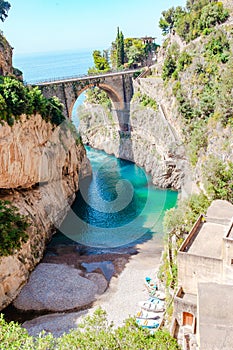 Famous fiordo di furore beach seen from bridge.