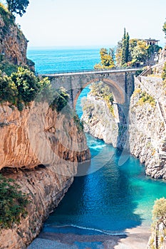 Famous fiordo di furore beach seen from bridge.