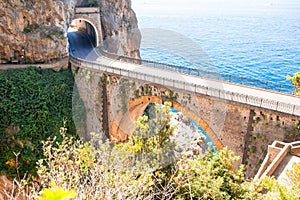 Famous fiordo di furore beach seen from bridge.