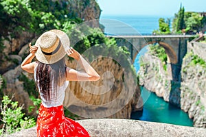 Famous fiordo di furore beach seen from bridge.