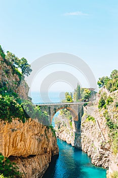 Famous fiordo di furore beach seen from bridge.