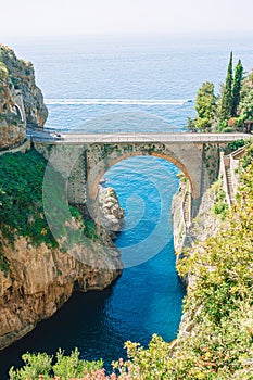 Famous fiordo di furore beach seen from bridge.