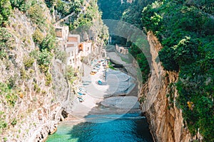 Famous fiordo di furore beach seen from bridge.