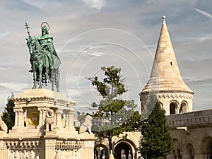The famous Fishermans Bastion with statue of King Stephen I of Hungary photo