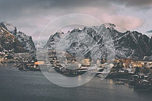 Famous fishing village Reine on Lofoten Islands, Northern Norway. Dramatic winter landscape