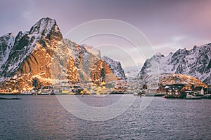 Famous fishing village Reine on Lofoten Islands, Northern Norway. Dramatic winter landscape