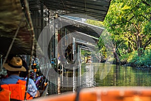 Famous Floating Market in Thailand, Tourists Visiting by Boat